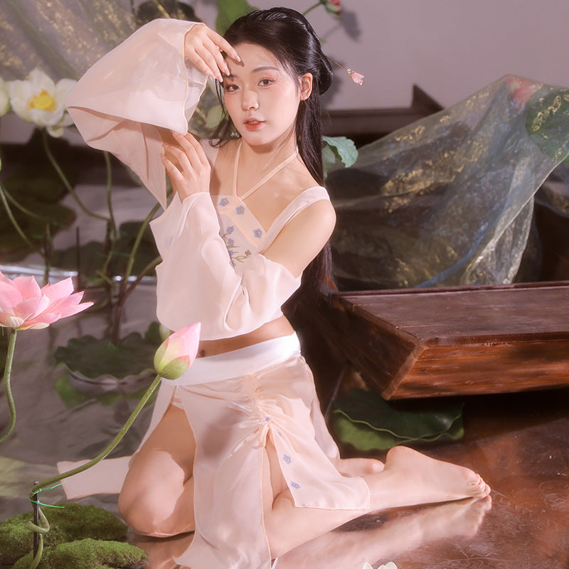 Blush pink lotus embroidered Hanfu lingerie set - ethereal sheer layers front view