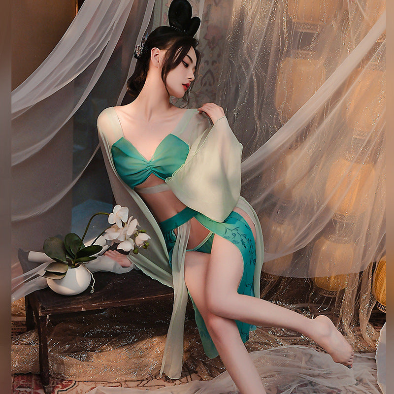 Jade green Hanfu robe with billowing sleeves - Dunhuang inspired lingerie front view