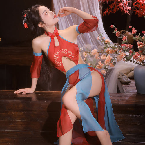 Red blue straps lingerie - respectable pleasure design detail